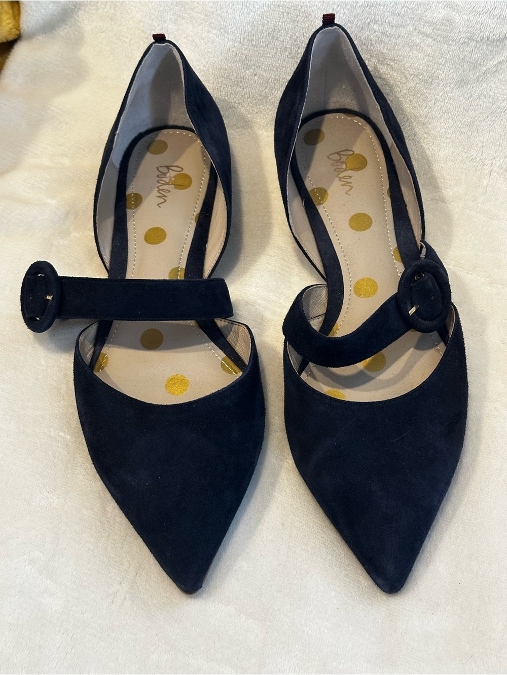Boden Evie Navy Blue Suede Pointed Toe Mary Jane Flats Buckle Size 41 EU